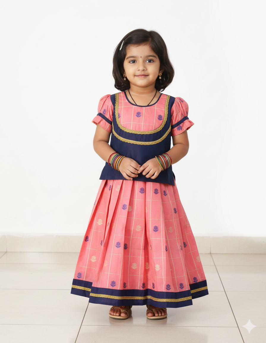 Kids Blue And Pink Traditional Pattu Pavadai PPP791