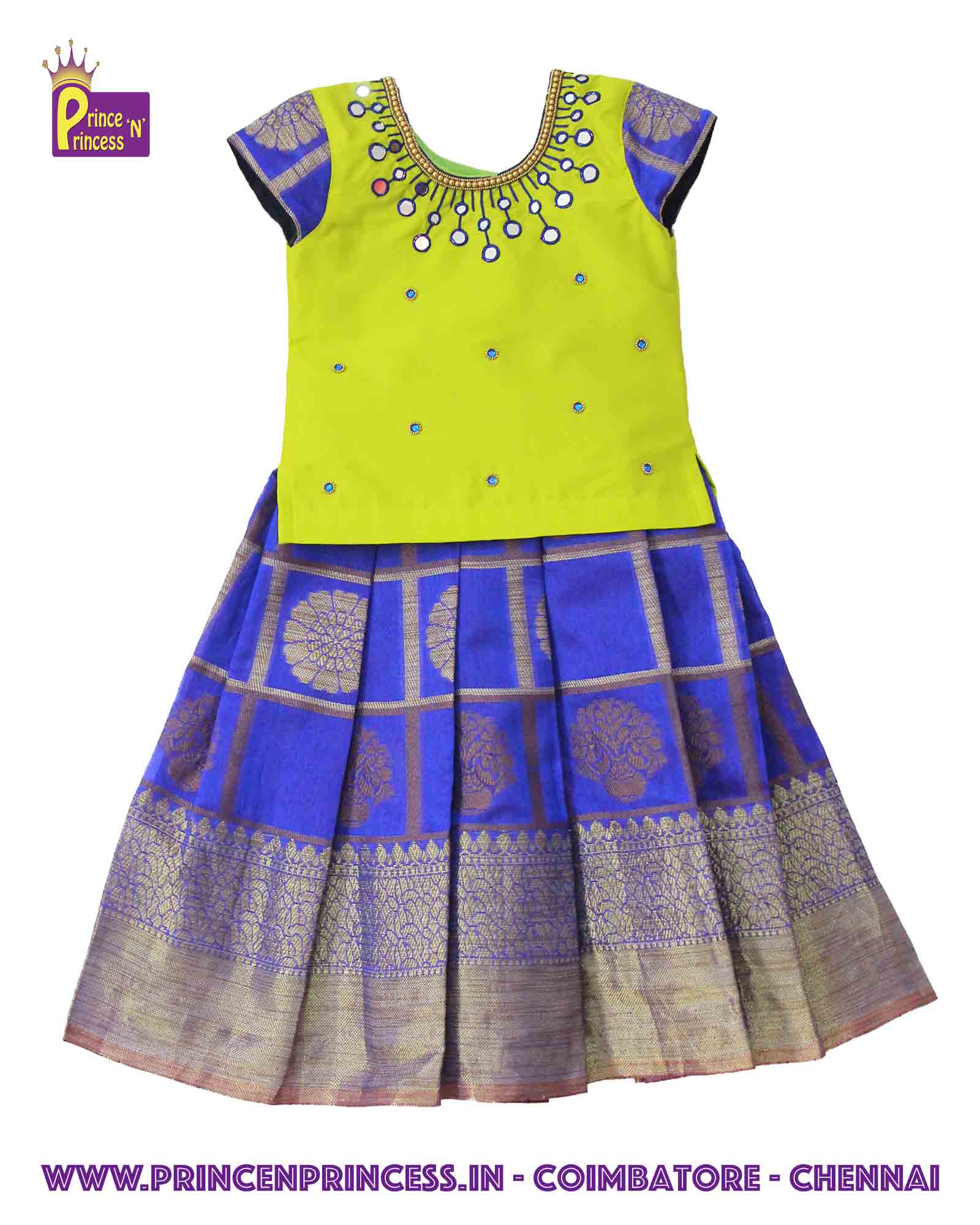 Kids Green With Blue Aari workTraditional Pattu Pavadai PPP825