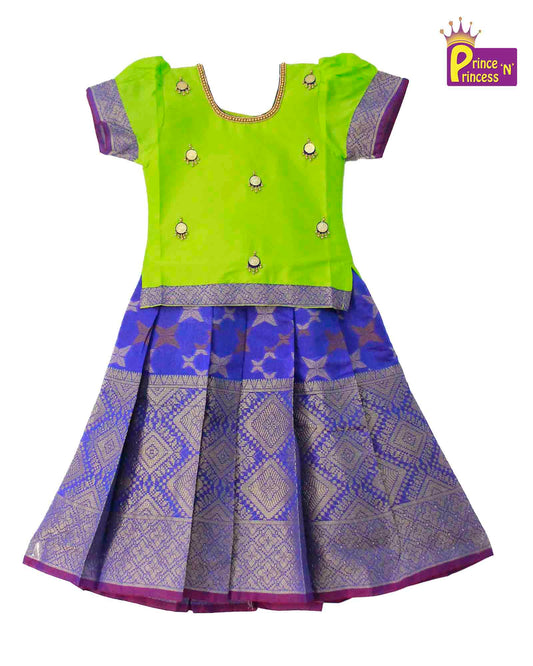 Kids Green Blue Traditional AARI Pattu Pavadai PPP845