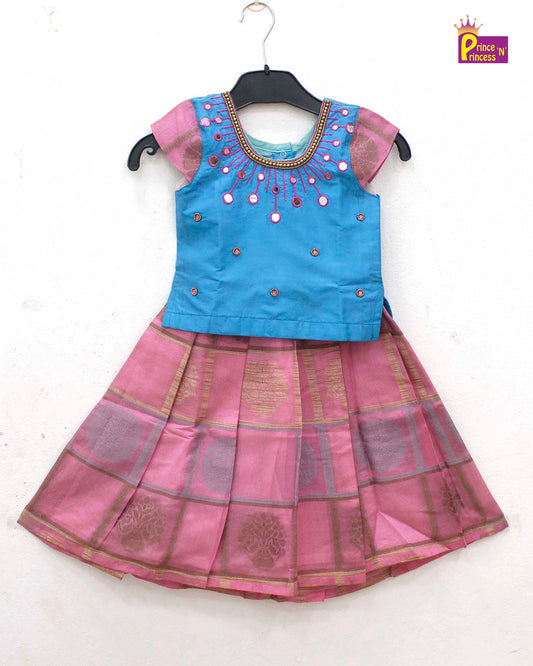 Pink with skyblue Traditional AARI Pattu Pavadai PPP848