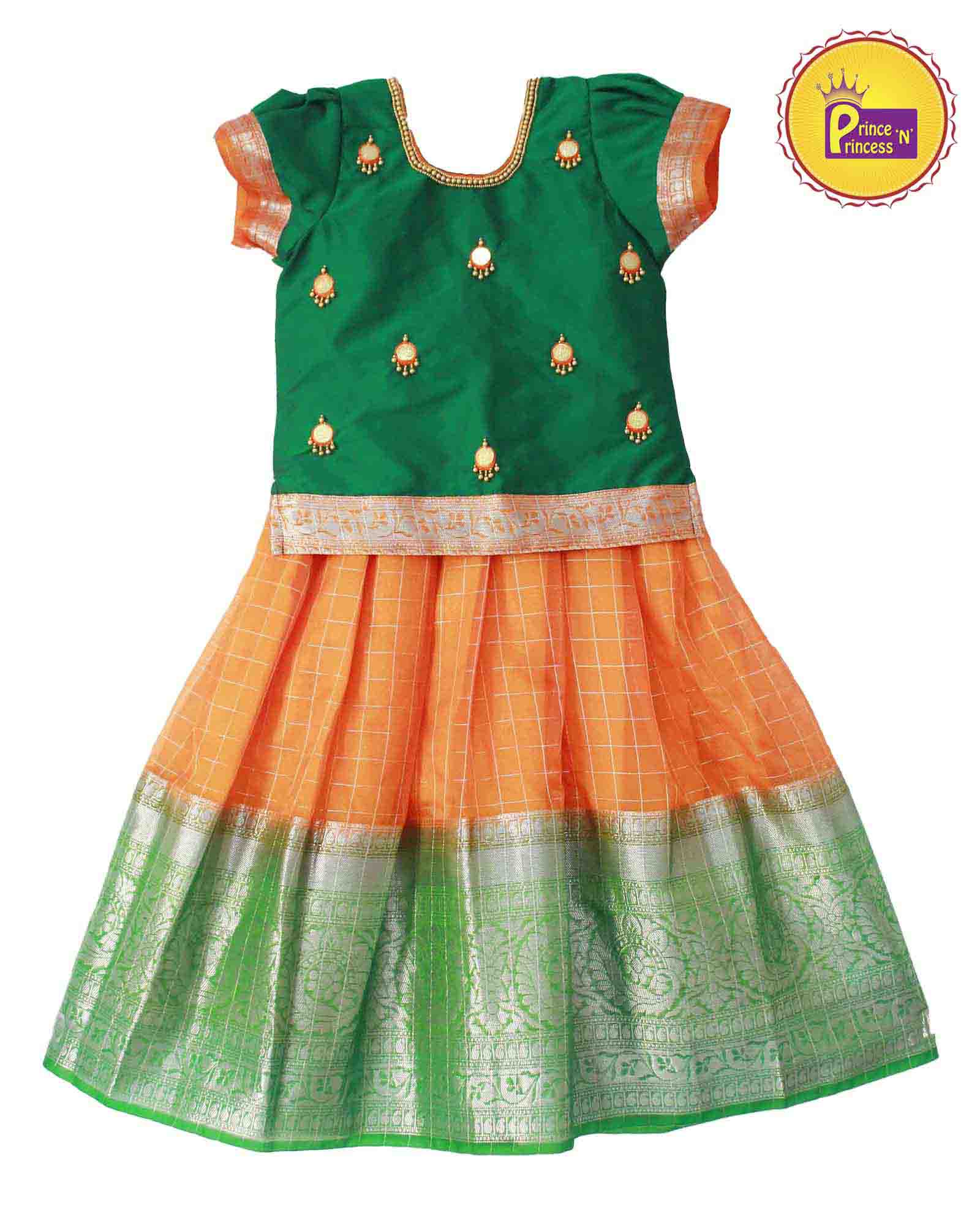 Kids Green Orange Traditional AARI Pattu Pavadai PPP852