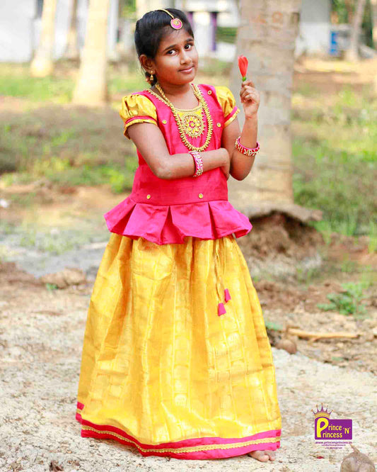 Kids Grand Pink Golden Embroidery Aari Work Pattu Pavadai  PPP858