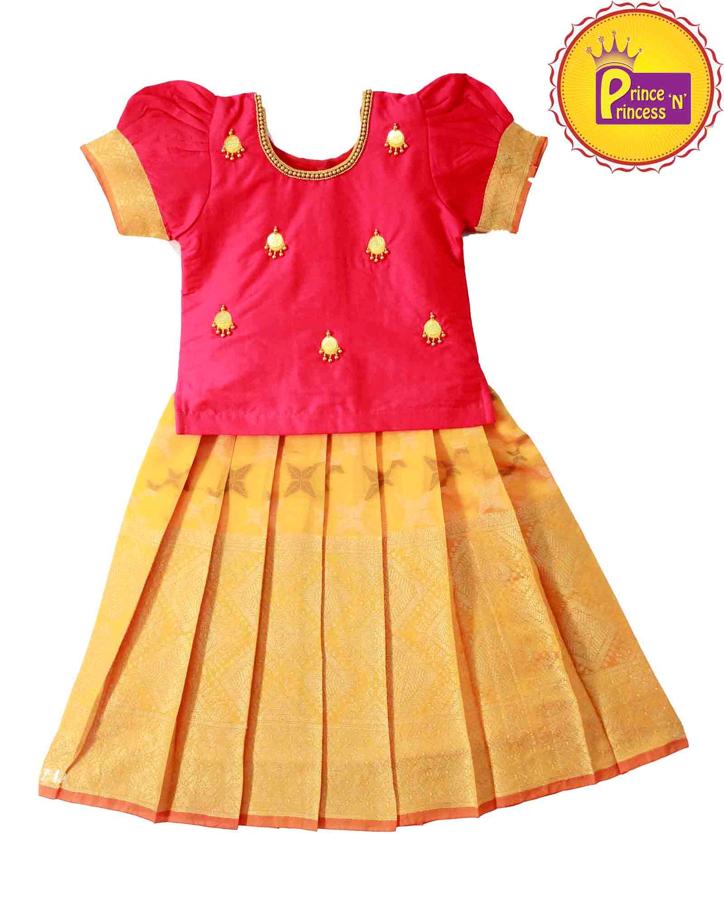 Kids Pink Orange Traditional AARI Pattu Pavadai PPP875