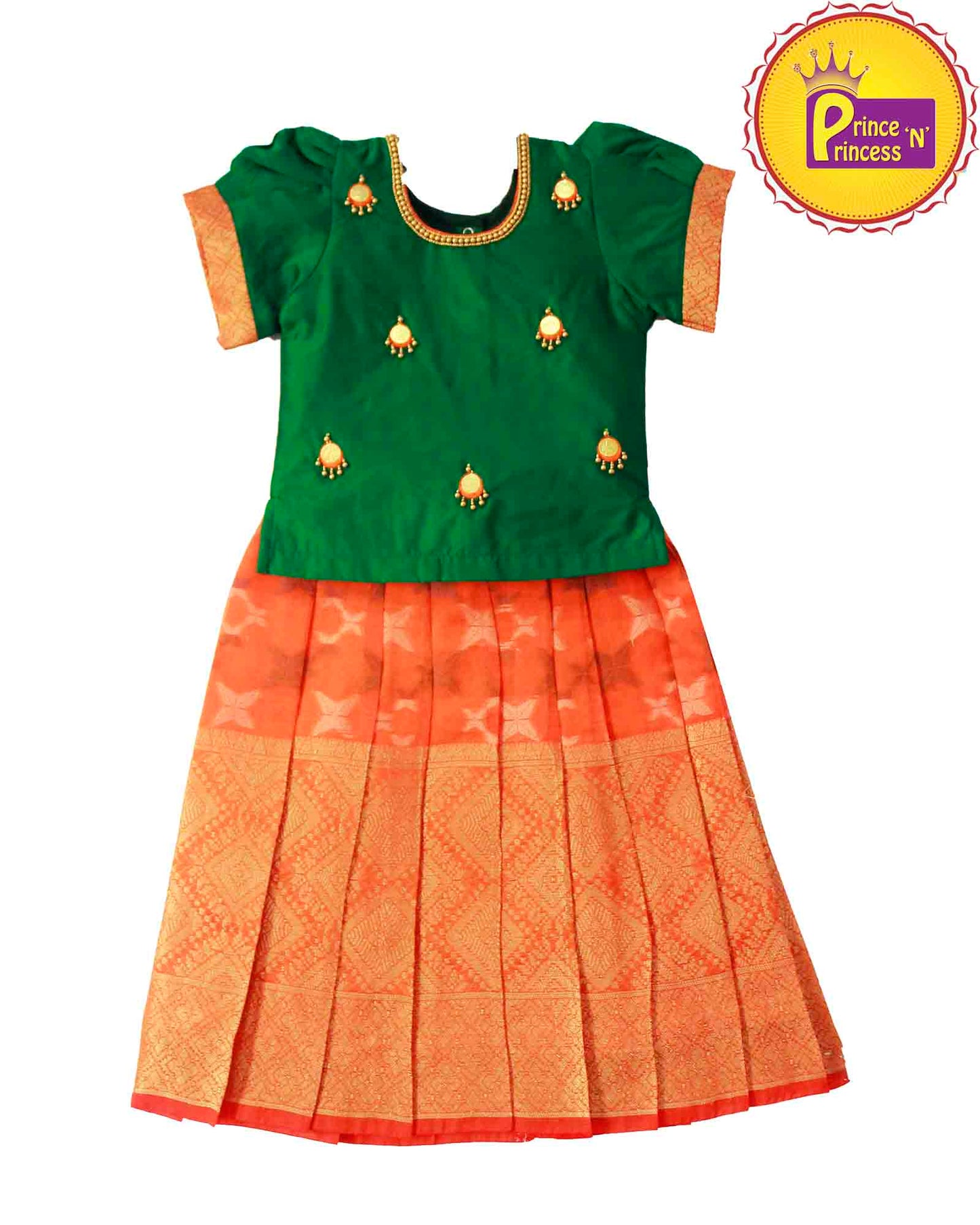 Kids Green Orange Traditional AARI Pattu Pavadai PPP877