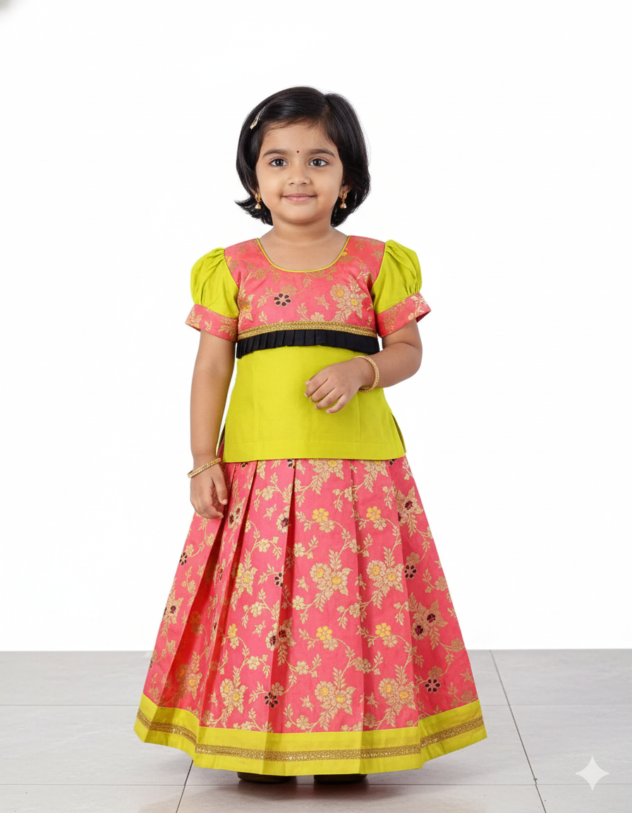 Kids Green And Pink Traditional Pattu Pavadai PPP885