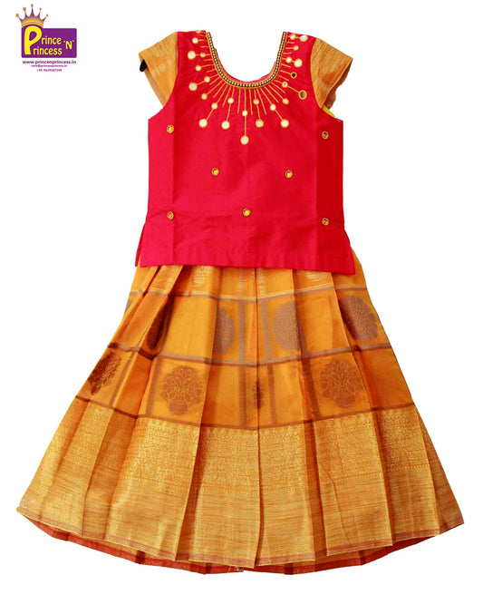 Kids Pink Orange Traditional AARI Pattu Pavadai PPP887