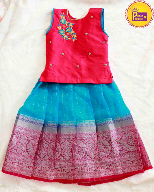 Sky Blue And Pink  Traditional AARI Pattu Pavadai PPP901