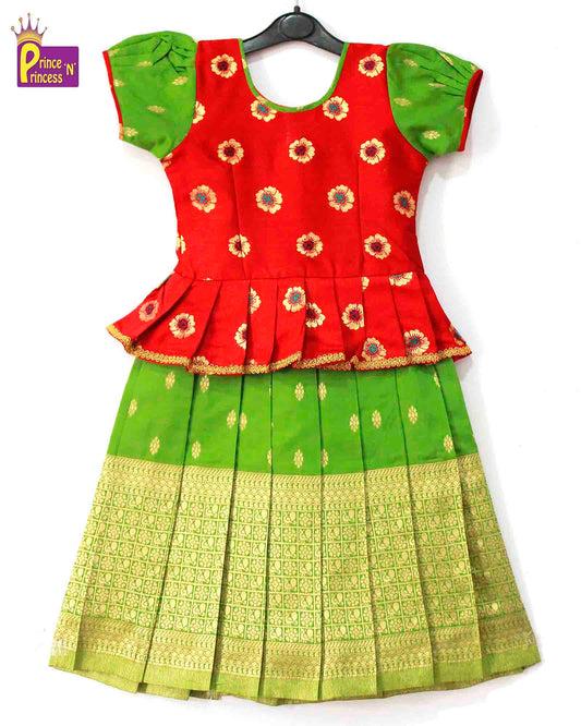 Kids Red with Green Traditional Pattu Pavadai PPP921