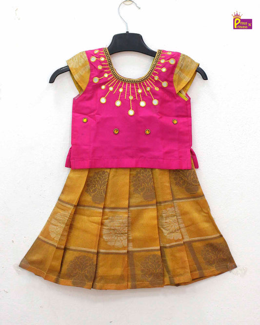 Kids Pink Orange Traditional AARI Pattu Pavadai PPP923