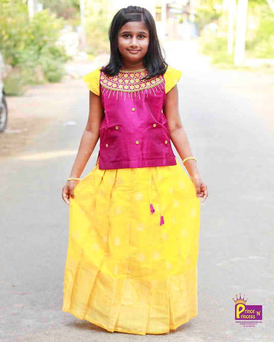 Kids Purple And Yellow  AARI Work Pattu Pavadai PPP924 Prince N Princess