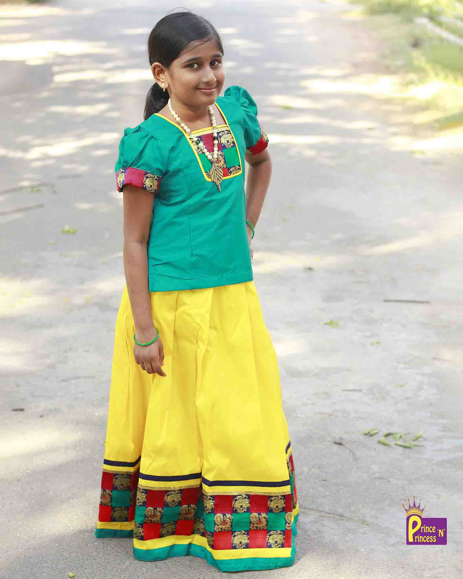 Kids Blue With Green Traditional Pattu Pavadai PPP939