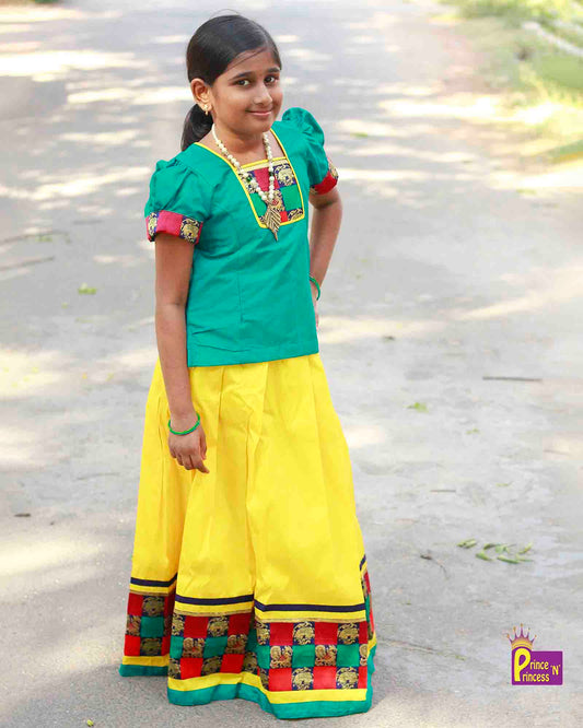 Kids Blue With Green Traditional Pattu Pavadai PPP939