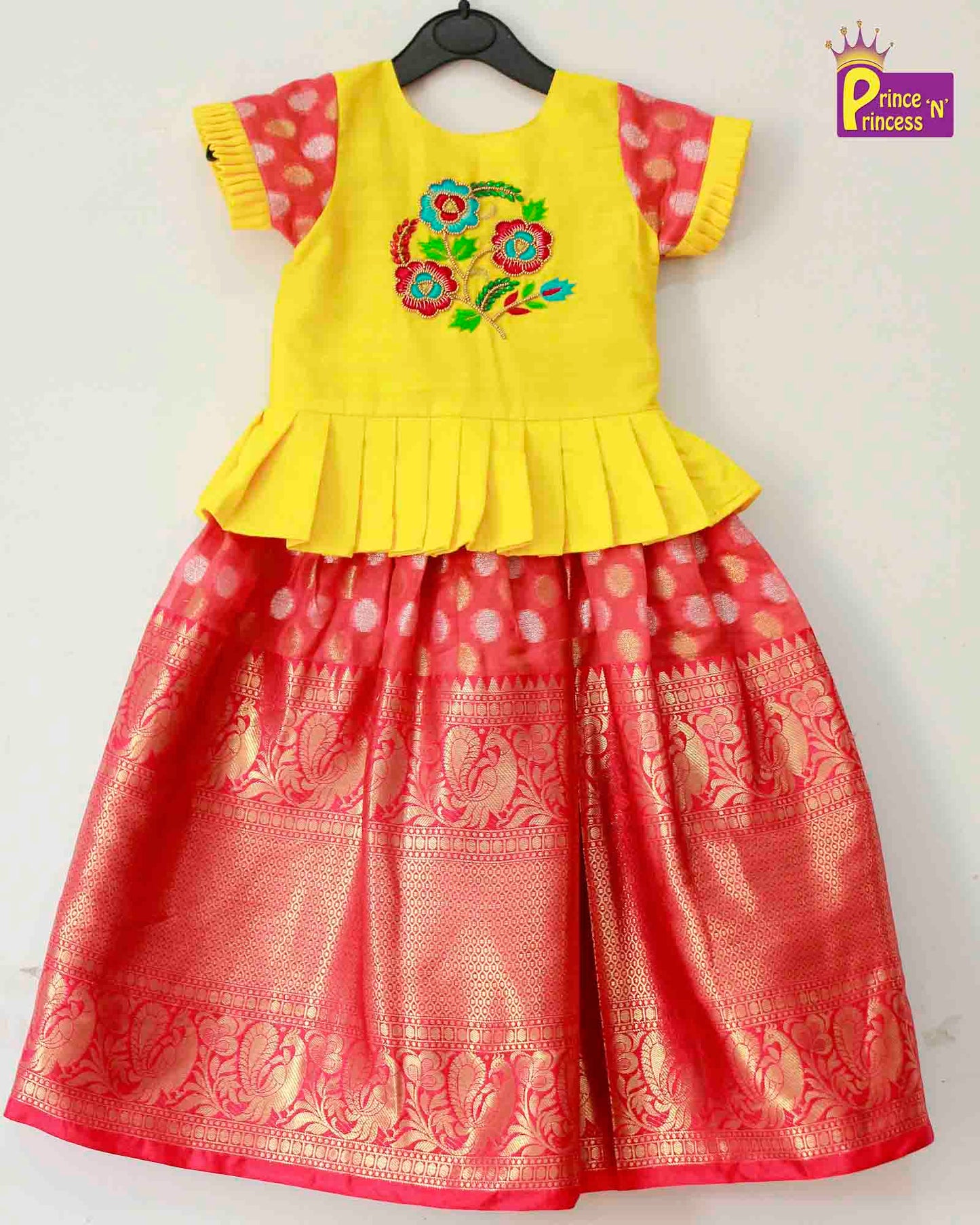 Yellow Pink  Traditional AARI Pattu Pavadai PPP948