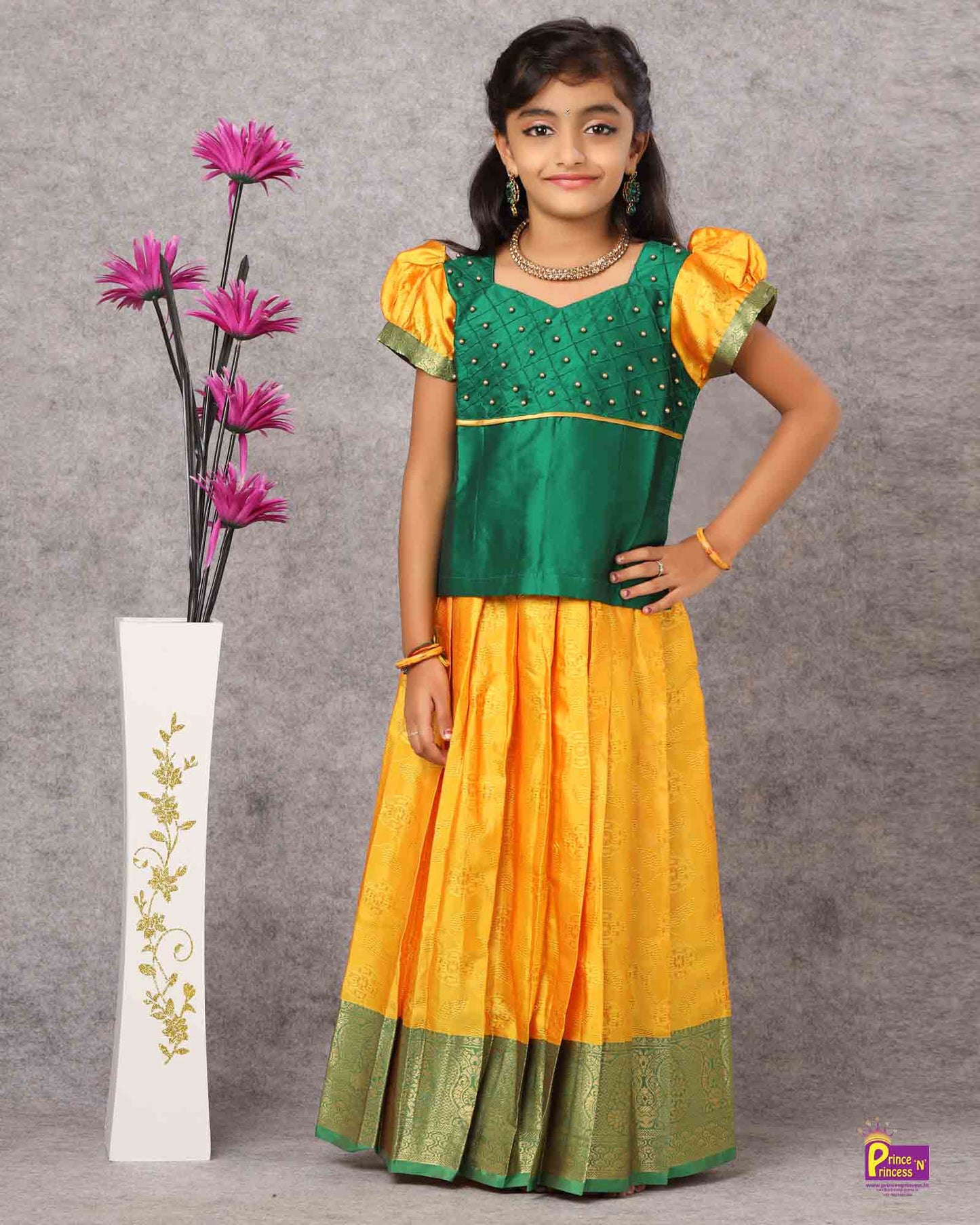 Kids Green Yellow Traditional Pattu Pavadai PPP972 Prince N Princess