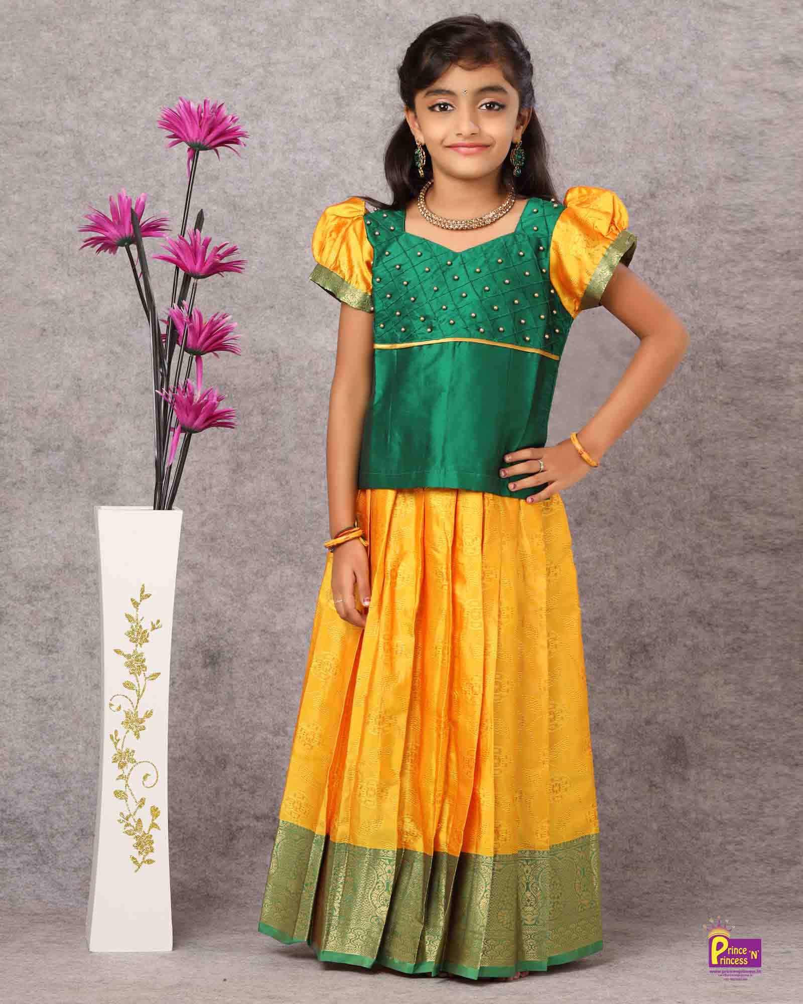 Kids Green Yellow Traditional Pattu Pavadai PPP972 Prince N Princess