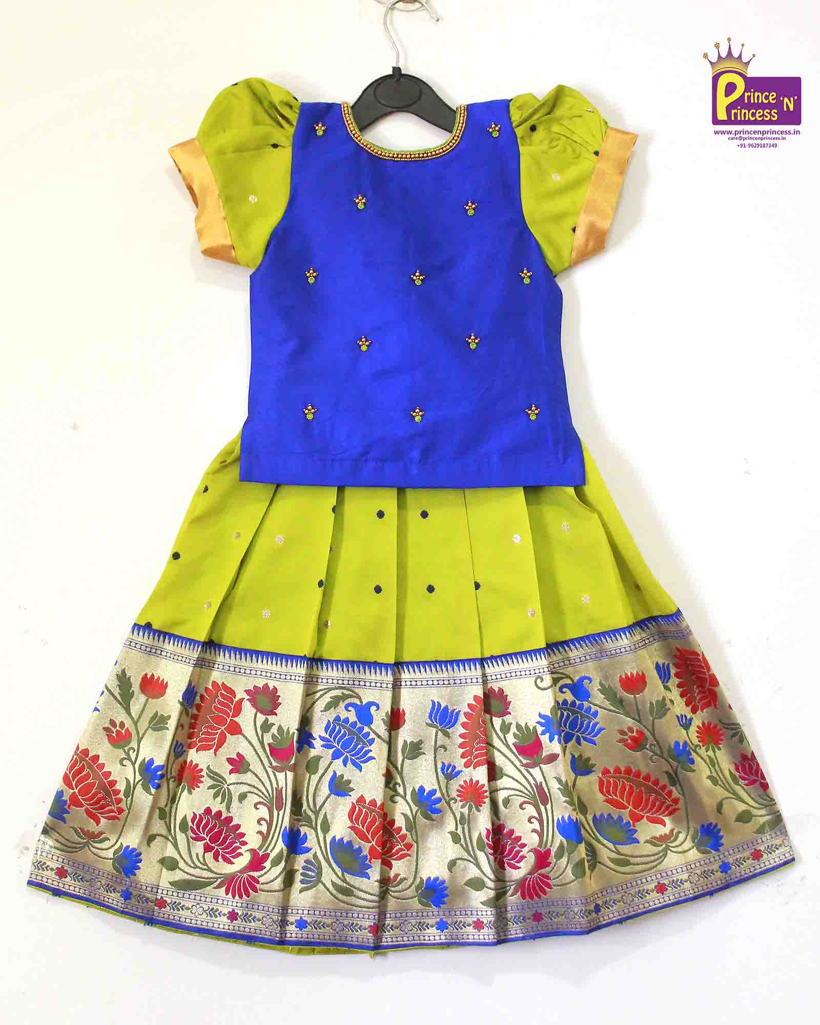 Kids Blue With Green Traditional Aari Work Pattupavadai PPP999