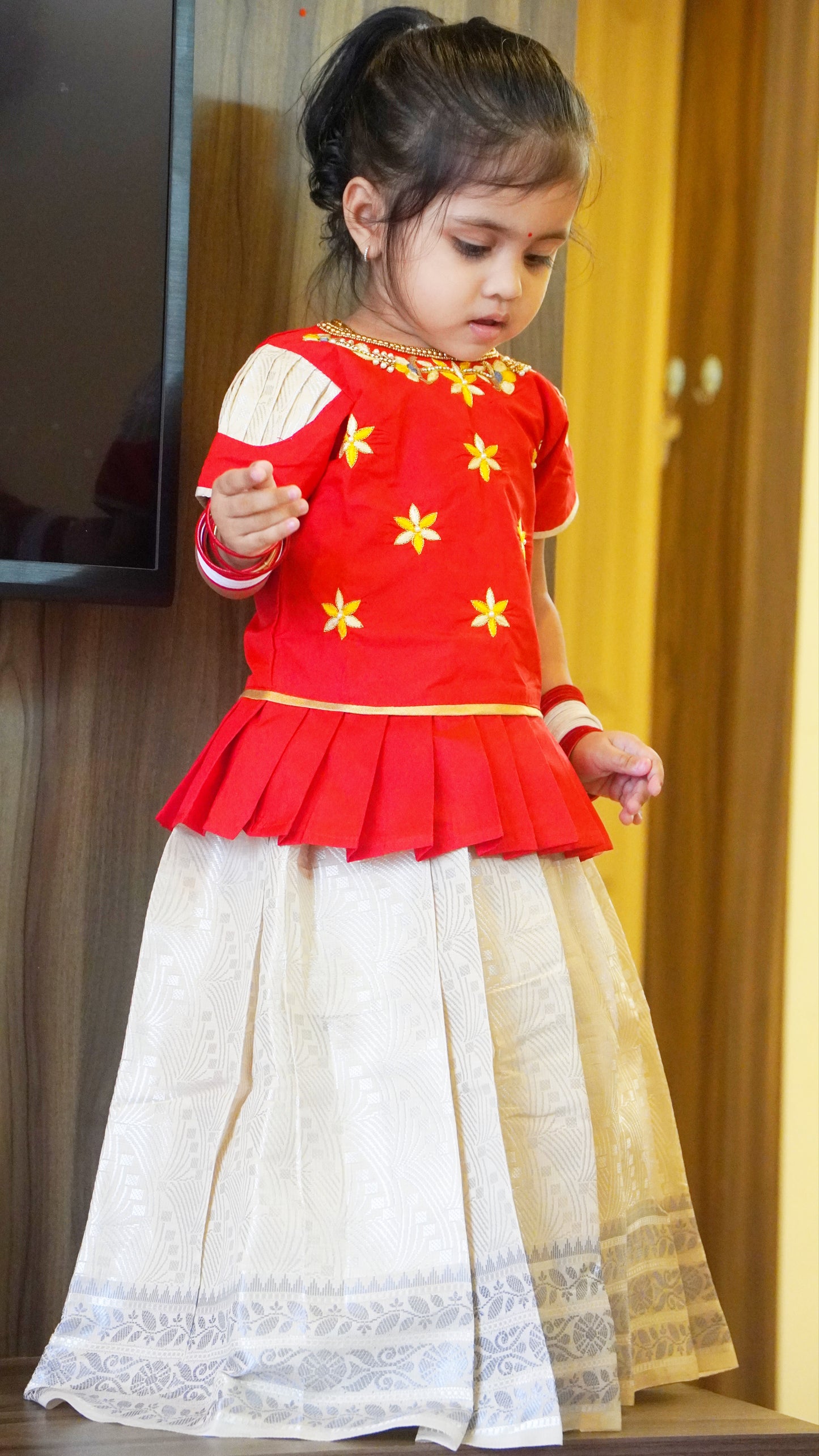 Kids Red Off White Aari Work Traditional Pattu Pavadai PPP1174 Prince N Princess