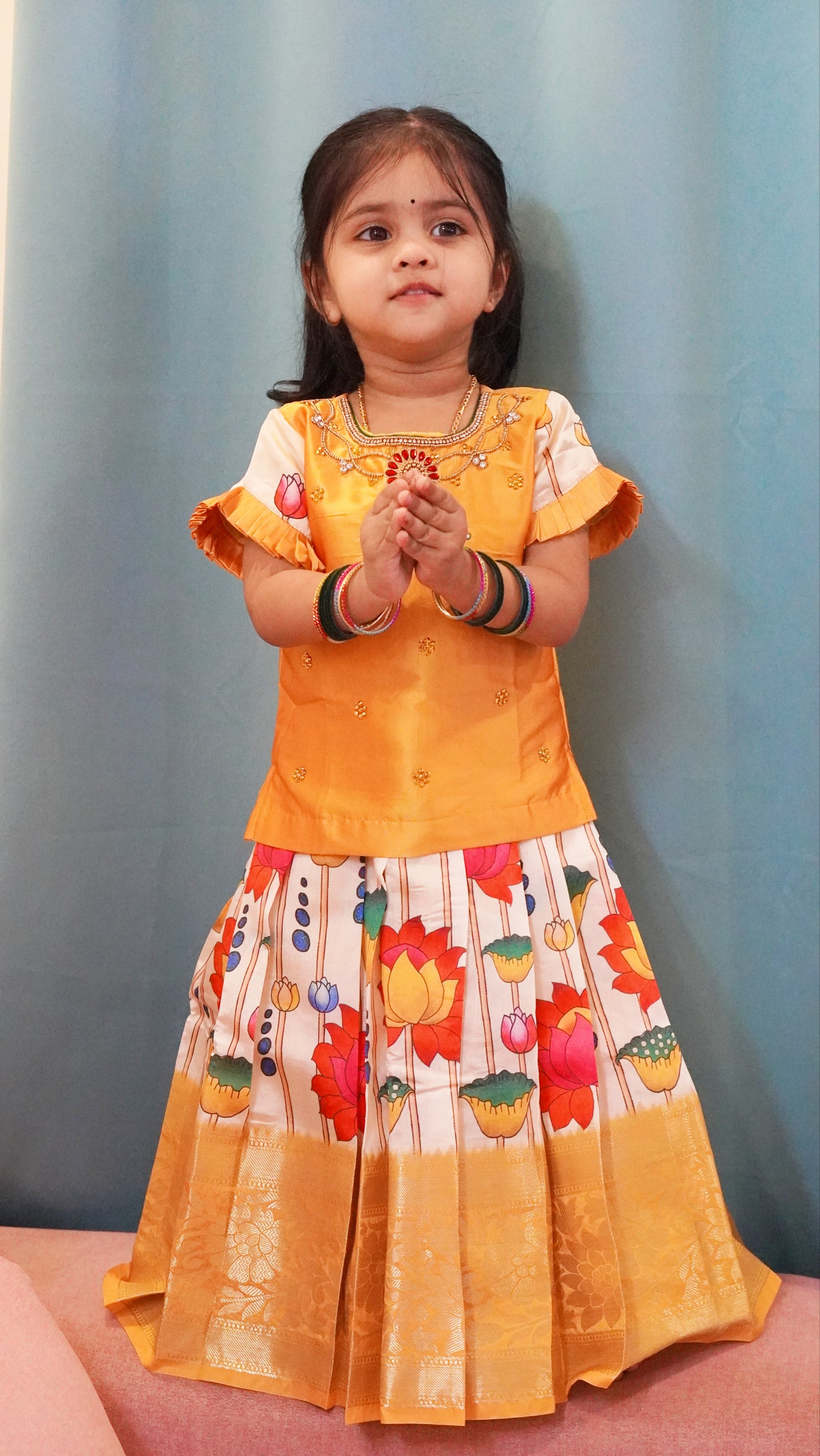Kids Yellow AARI Work Digital Print Banarasi Designer Pattu Pavadai PPP1343 Prince N Princess