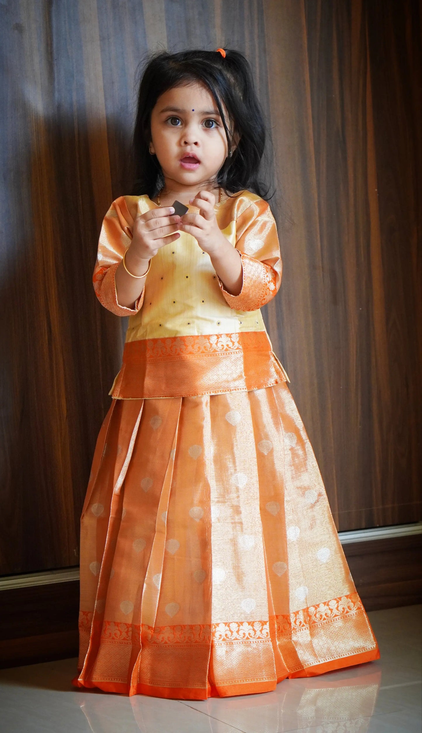 Prince N Princess Orange Cream Tissue Pattu Pavadai PPP1243