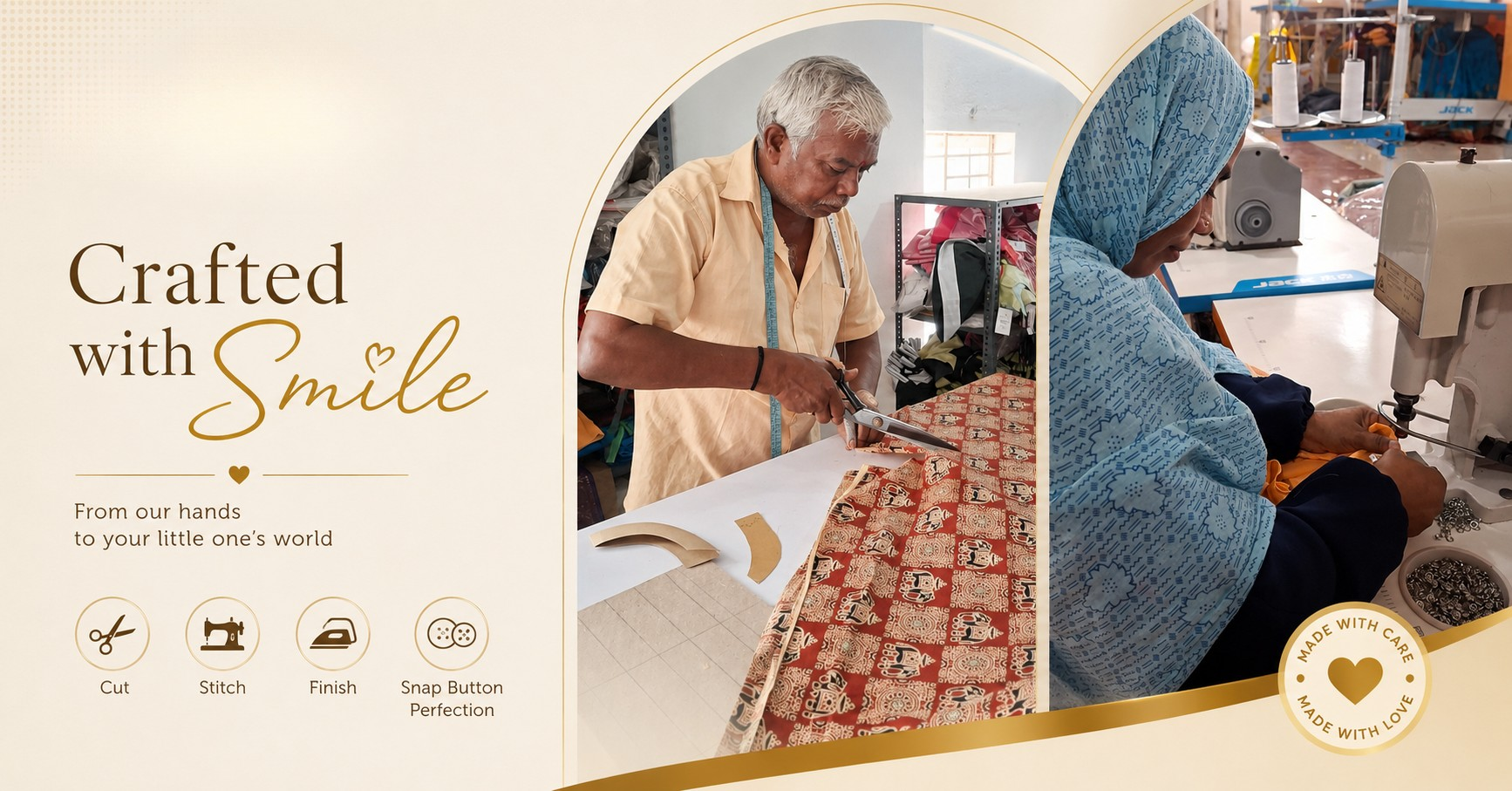 Promotional banner for a custom garment service, featuring a cream-colored background with the text 'Crafted with Smile' and icons for cut, stitch, finish, and snap button perfection. The right side shows a man cutting fabric and a woman in a blue headscarf working at a sewing machine, with a gold 'Made with Love' badge in the corner.