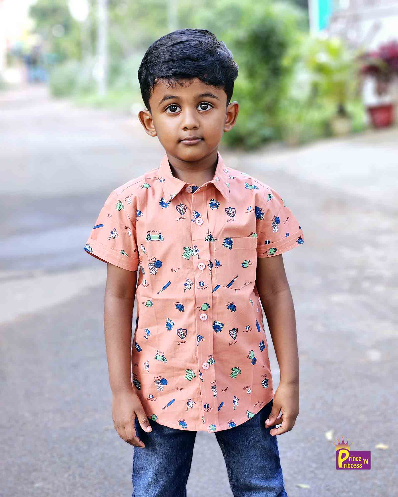 Kids Cotton Printed Orange half Sleeve shirt ST148 Prince N Princess