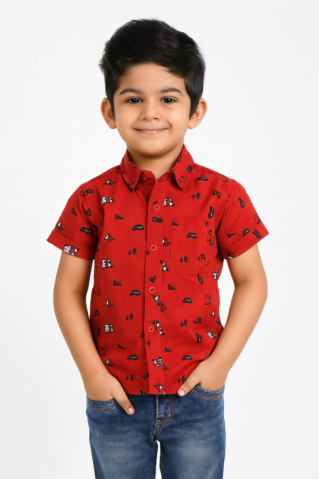 Kids Cotton Printed Red half Sleeve shirt ST151