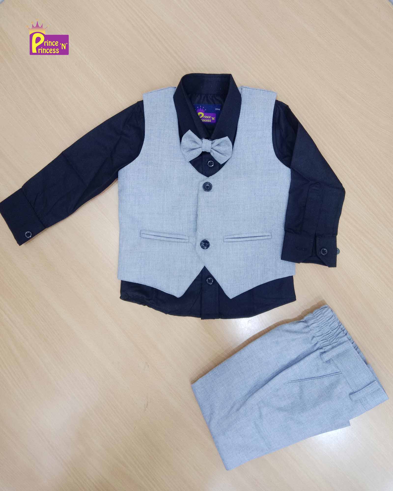 Boys Silver ash Overcoat, Black shirt With Bow And Pant KB001-1 Prince N Princess