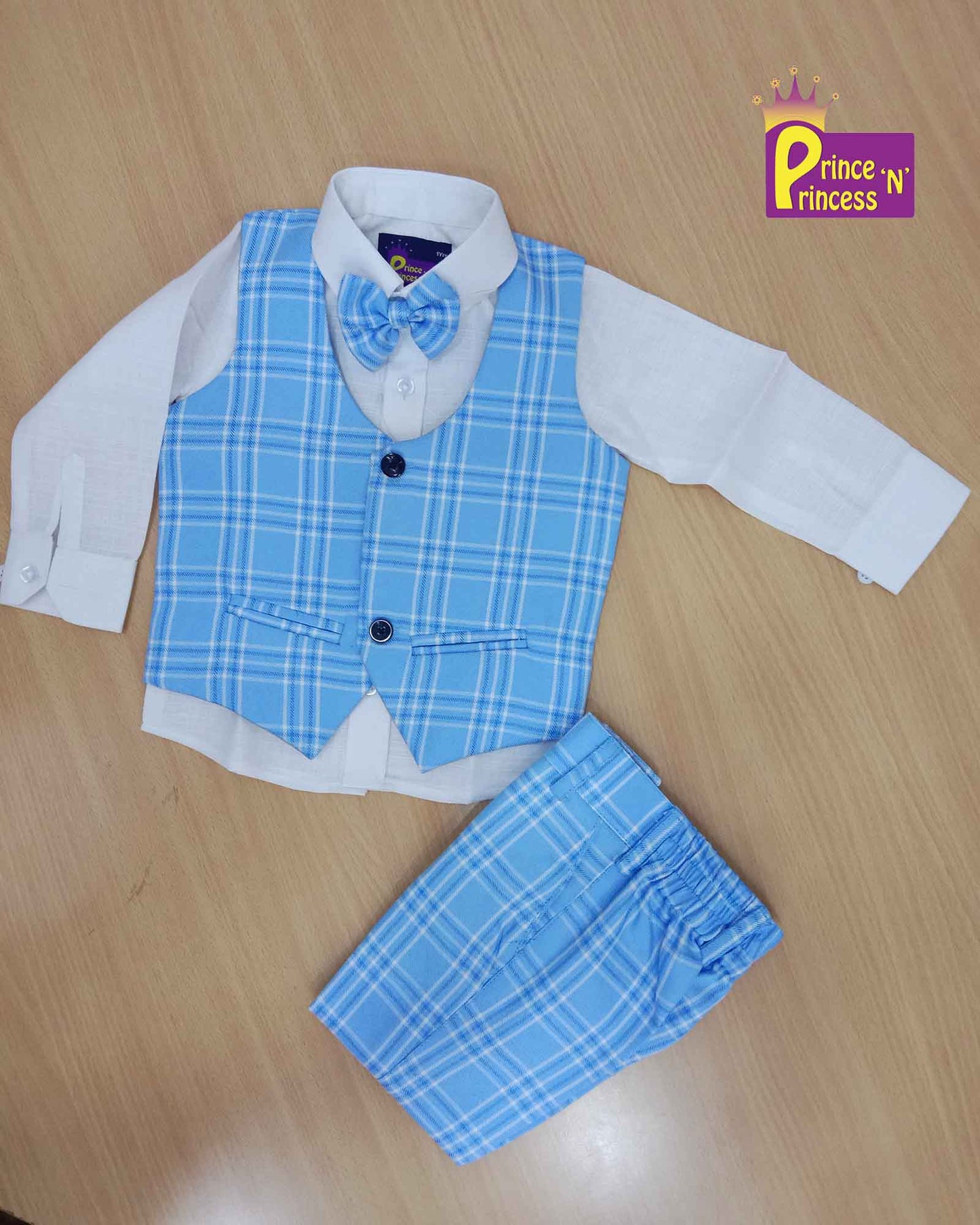 Boys Blue Overcoat, White shirt With Bow And Pant KB002-1