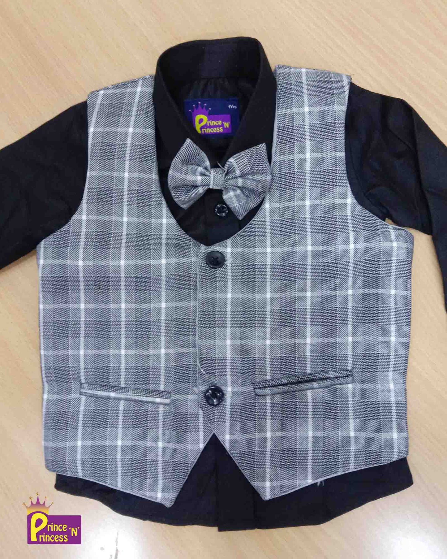 Boys Black stripes Overcoat, Black shirt With Bow And Pant KB003