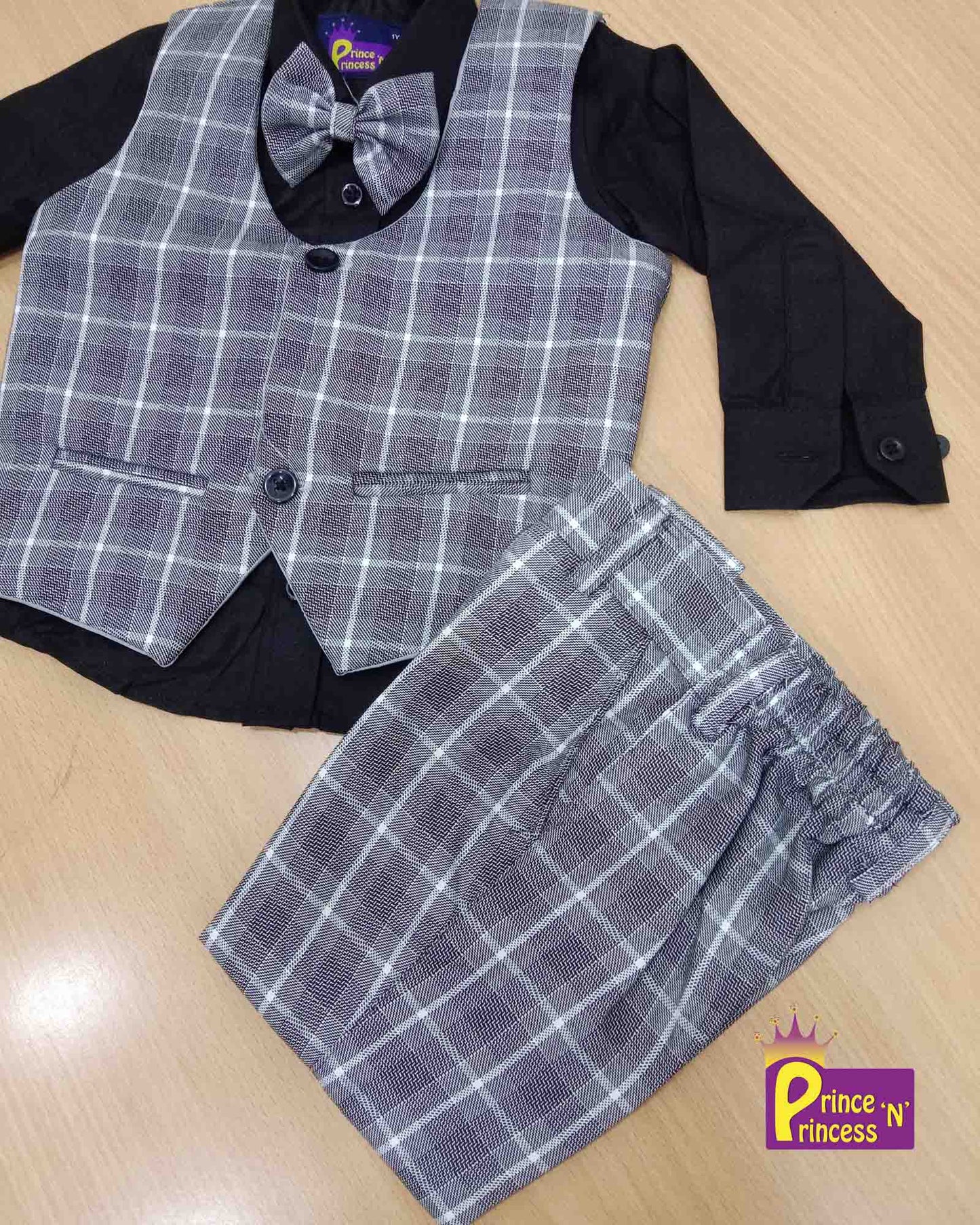 Boys Black stripes Overcoat, Black shirt With Bow And Pant KB003