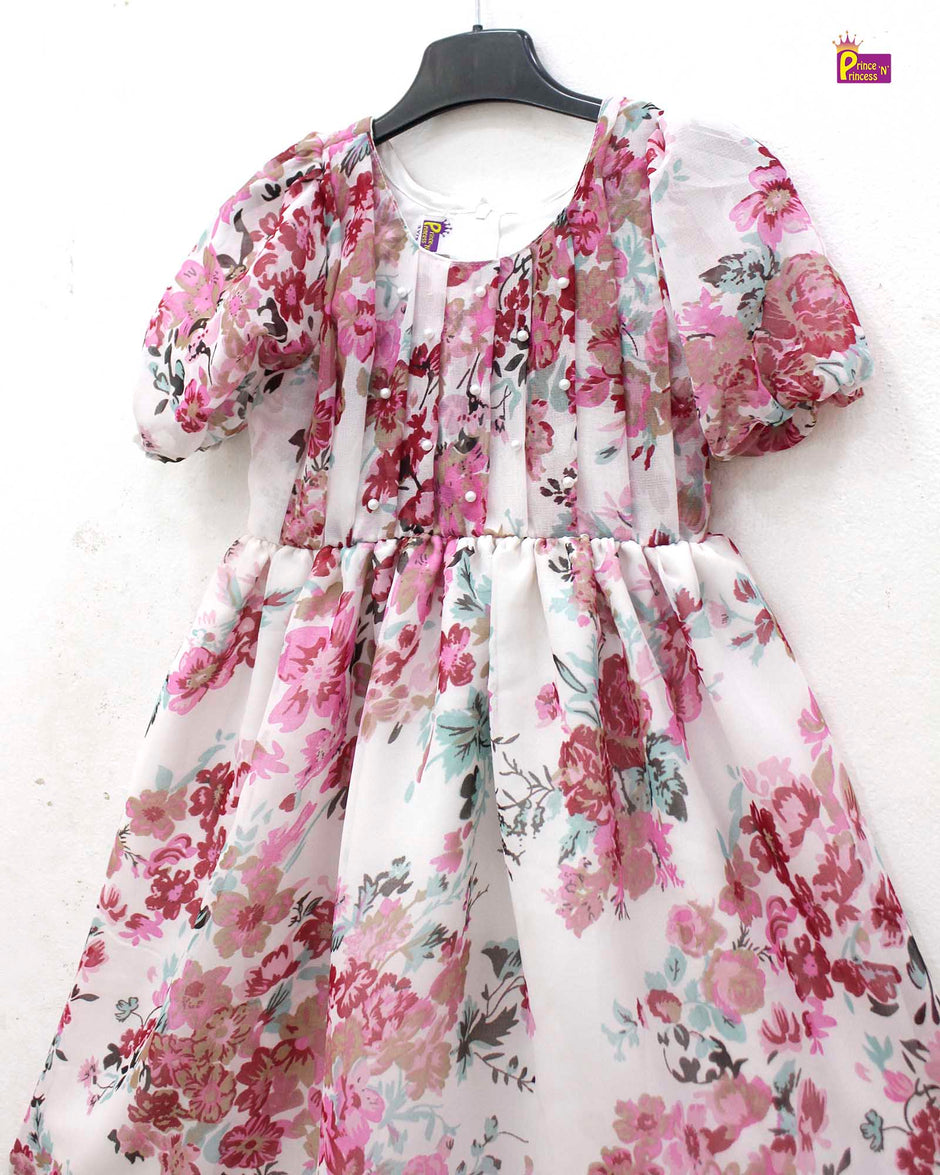 Baby Girl Georgette White Frock with Peach Print & Bloomers â€“ Party Wear Dress for Kids