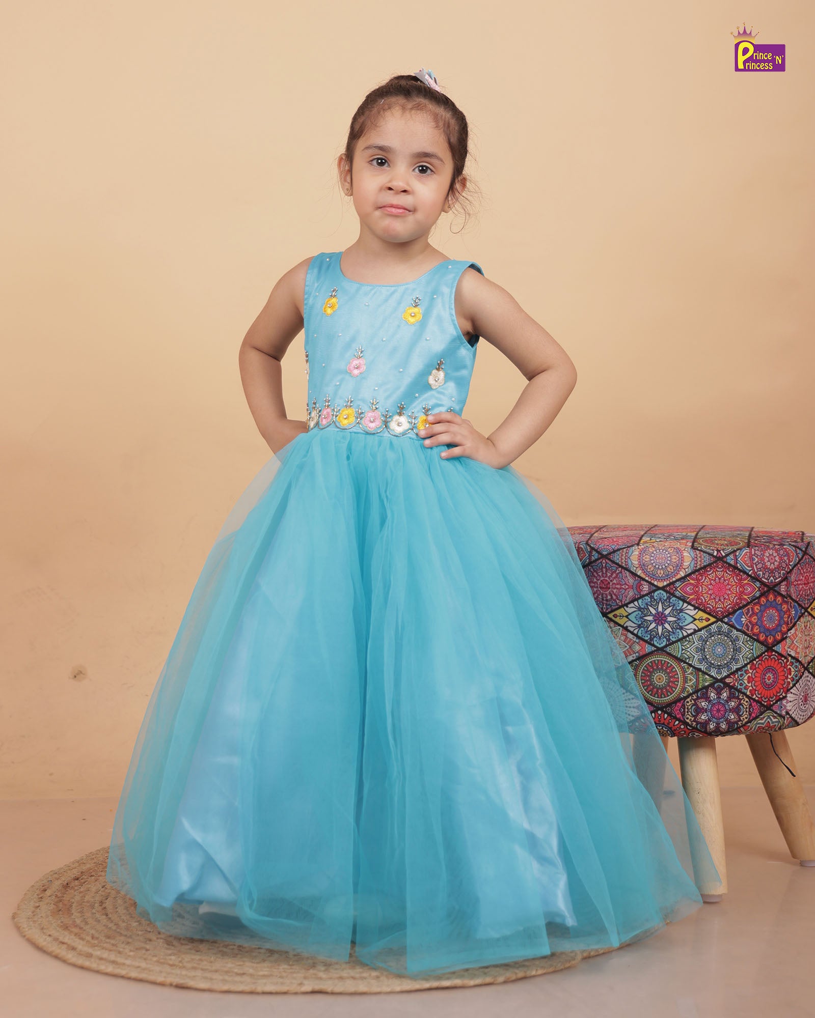 Kids Blue Aari work Prince N Princess  Birthday Gown WGF035