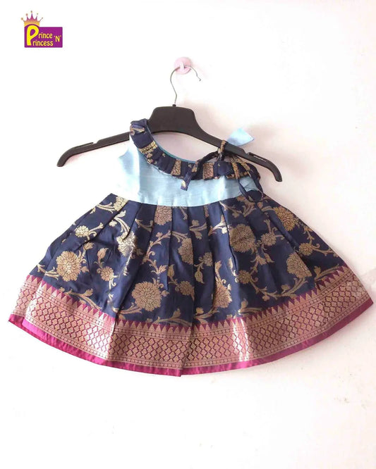 Toddlers Navy skyblue Raw Silk Knot Type Frock LF497