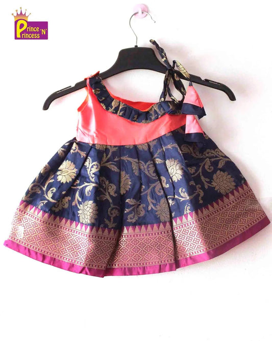 Toddlers Navy Peach Raw Silk Knot Type Frock LF496