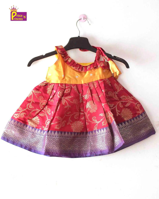 Toddlers Maroon Yellow Raw Silk Knot Type Frock LF505