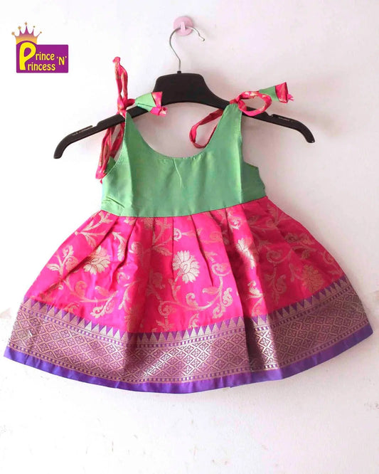 Toddlers Green  Raw Silk Knot Type Frock LF506