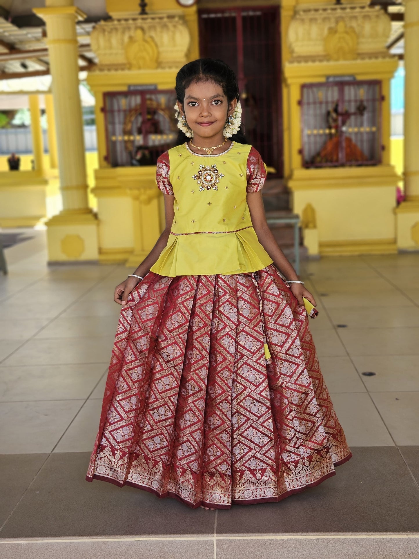 Kids Green and Maroon Traditional AARI Work pattu Pavadai PPP1535