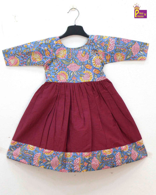 Kids Maroon Cotton Frock  CF314