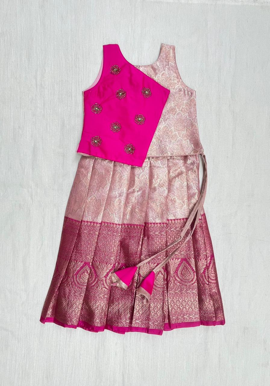 Kids Traditional Aari Work Pattupavadai in PInk PPP2021