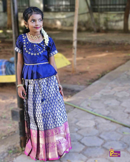 Kids Neavy Blue Traditional AARI Work pattu Pavadai PPP1544