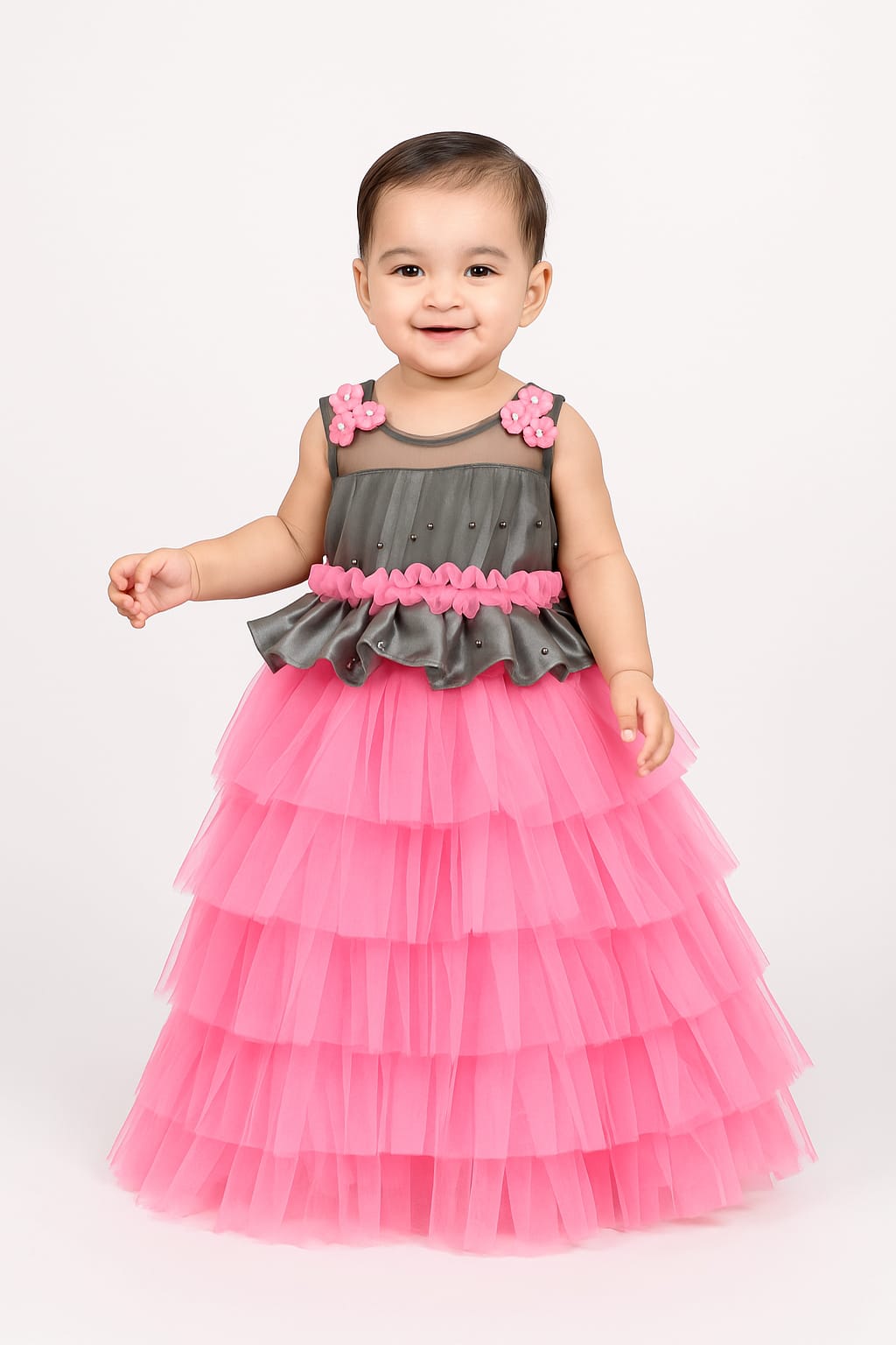 Grey with Pink Girls Party Gown BG162