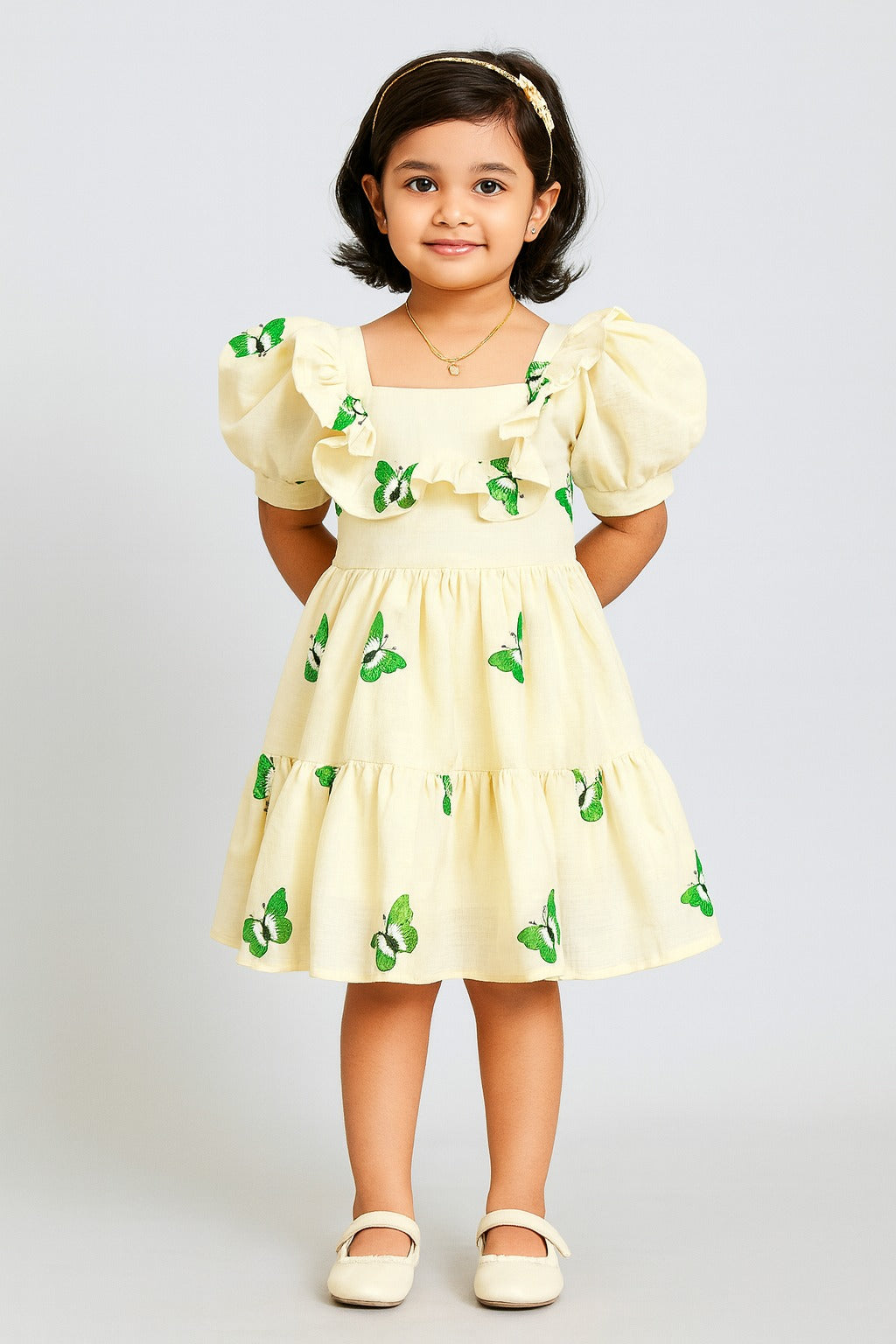 Kids Halfwhite With Green Embroidery Butterfly Cotton Frock CF378