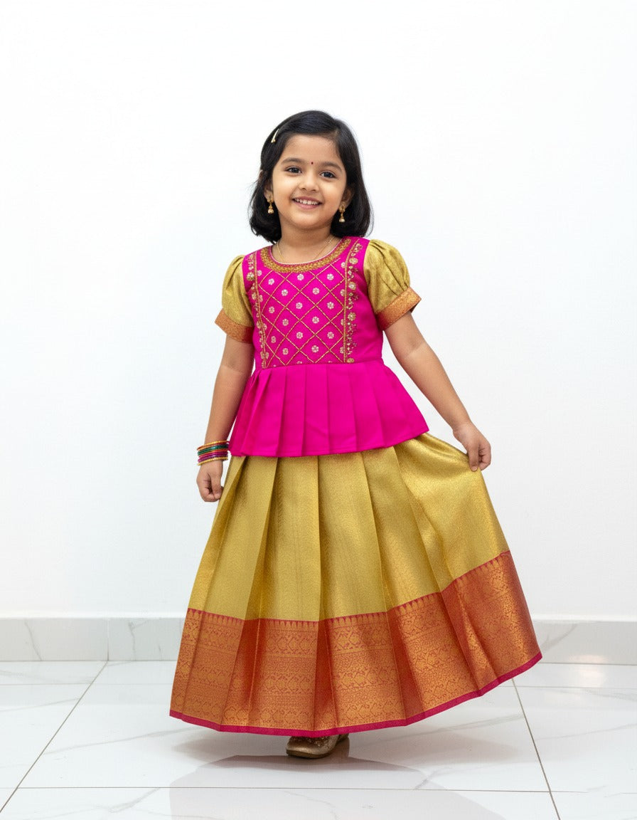 Kids Pink With Golden Yellow Traditional Pattupavadai PPP1833 ( We need 2-3 days of despatch time)