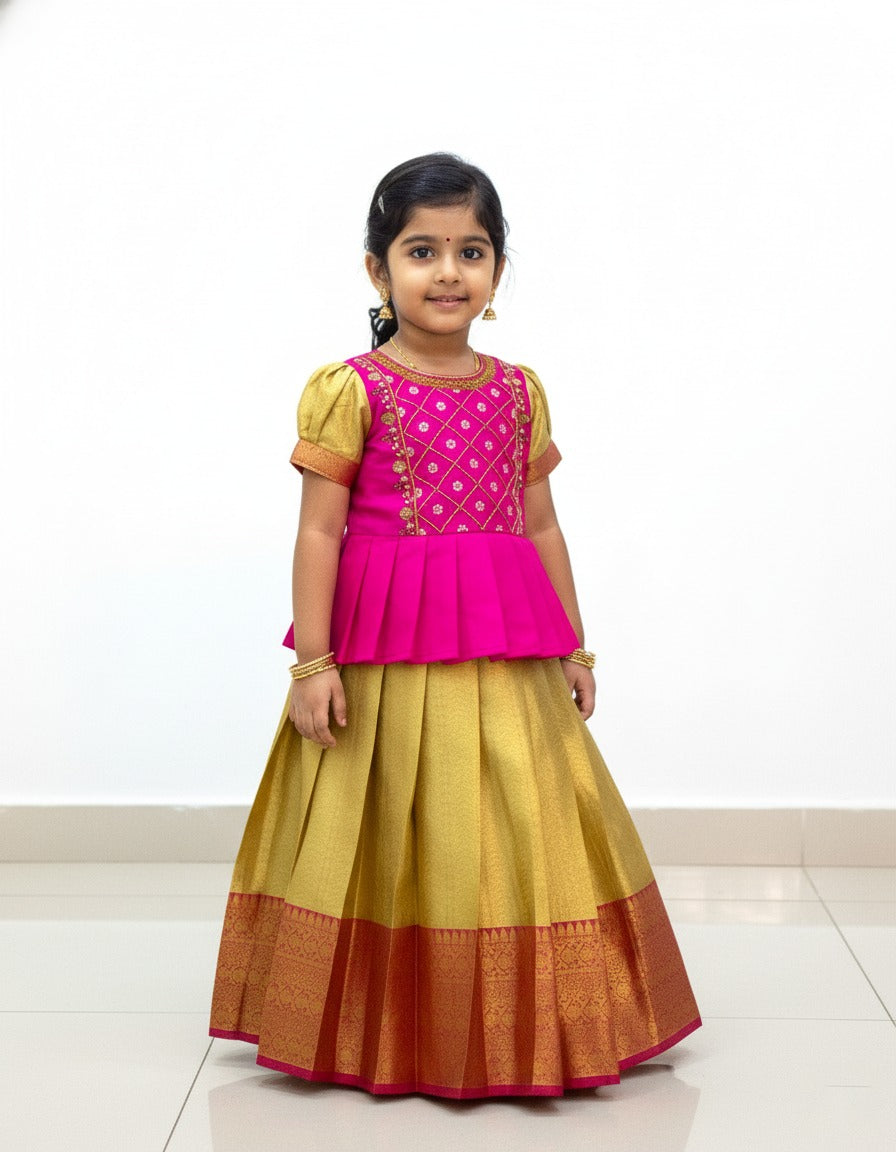 Kids Pink With Golden Yellow Traditional Pattupavadai PPP1833 ( We need 2-3 days of despatch time)