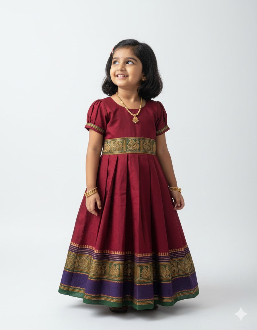 Kids Maroon Chettinad Cotton Gown PG621