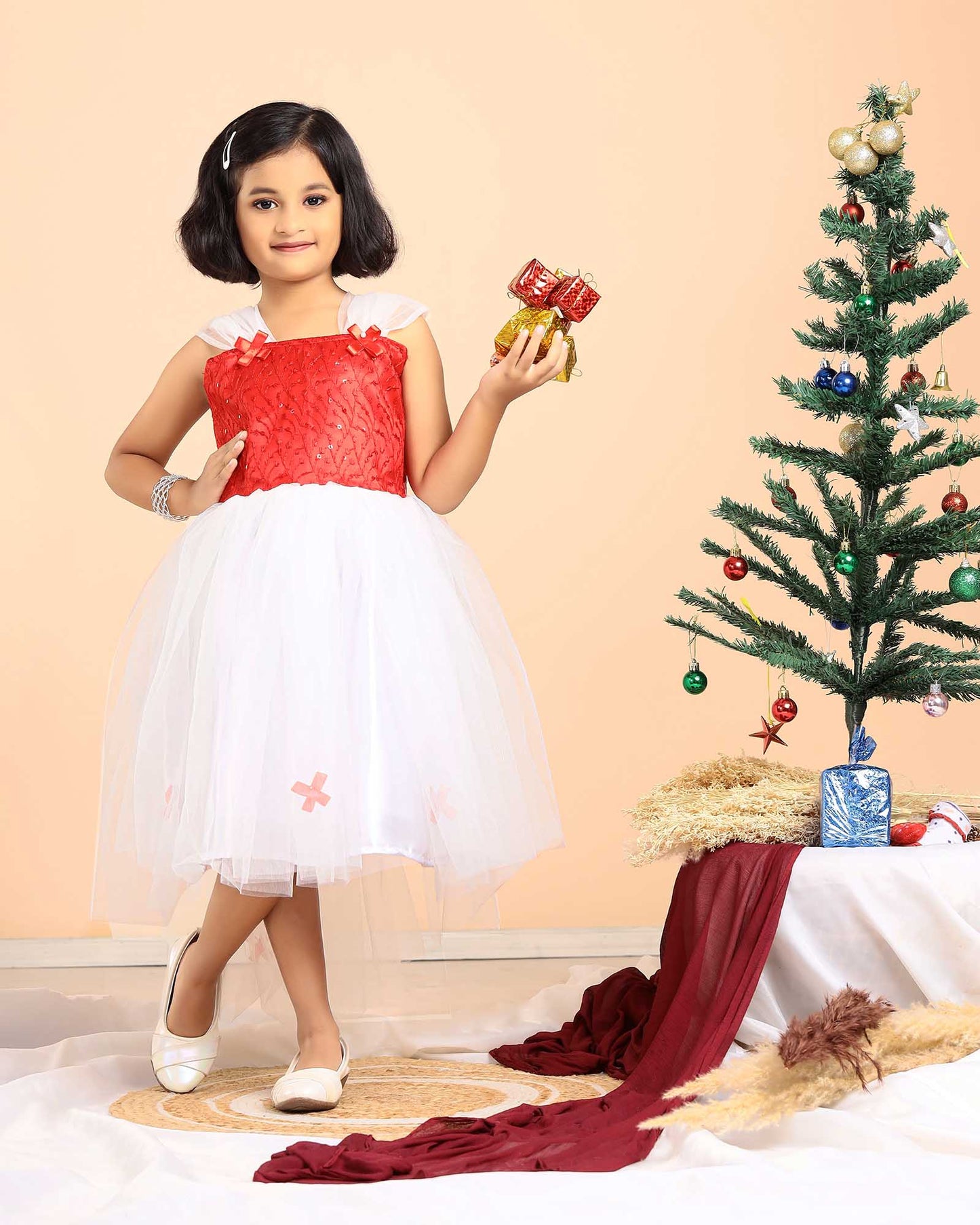 Kids White with Red Festival Frock WGF006