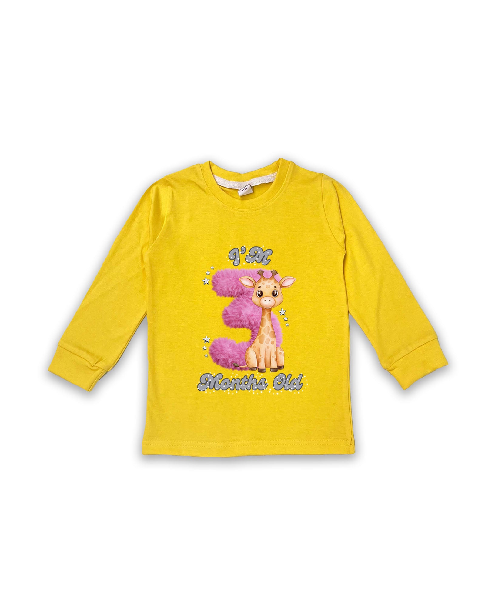 Newborn Yellow Full Sleeve "I’m 3 Months Old" Milestone Tees – Soft Cotton | Pink 3 with Giraffe Print | Milestone Outfit NPT033