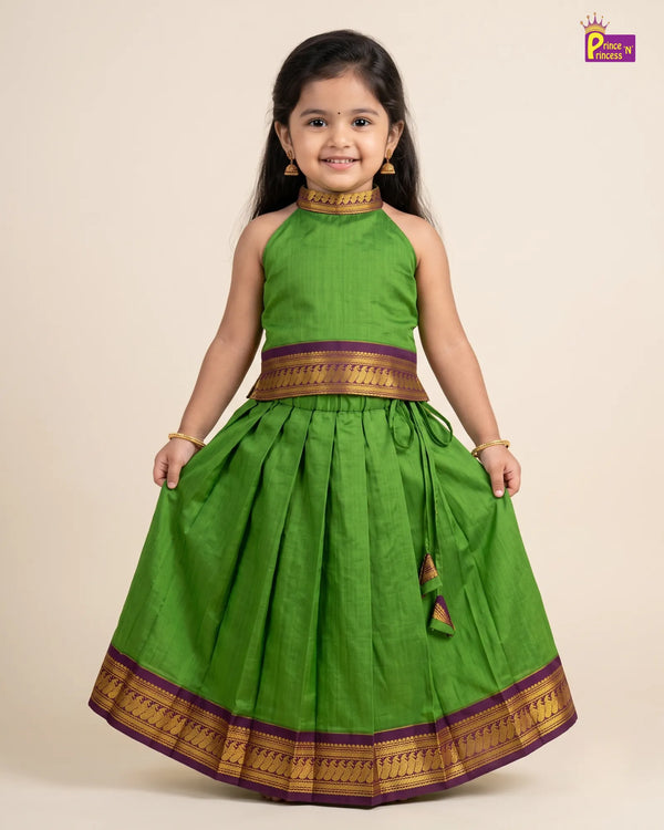Parrot Green  Halter Neck Kalyani Cotton Pattu Pavadai Set  PPP2190