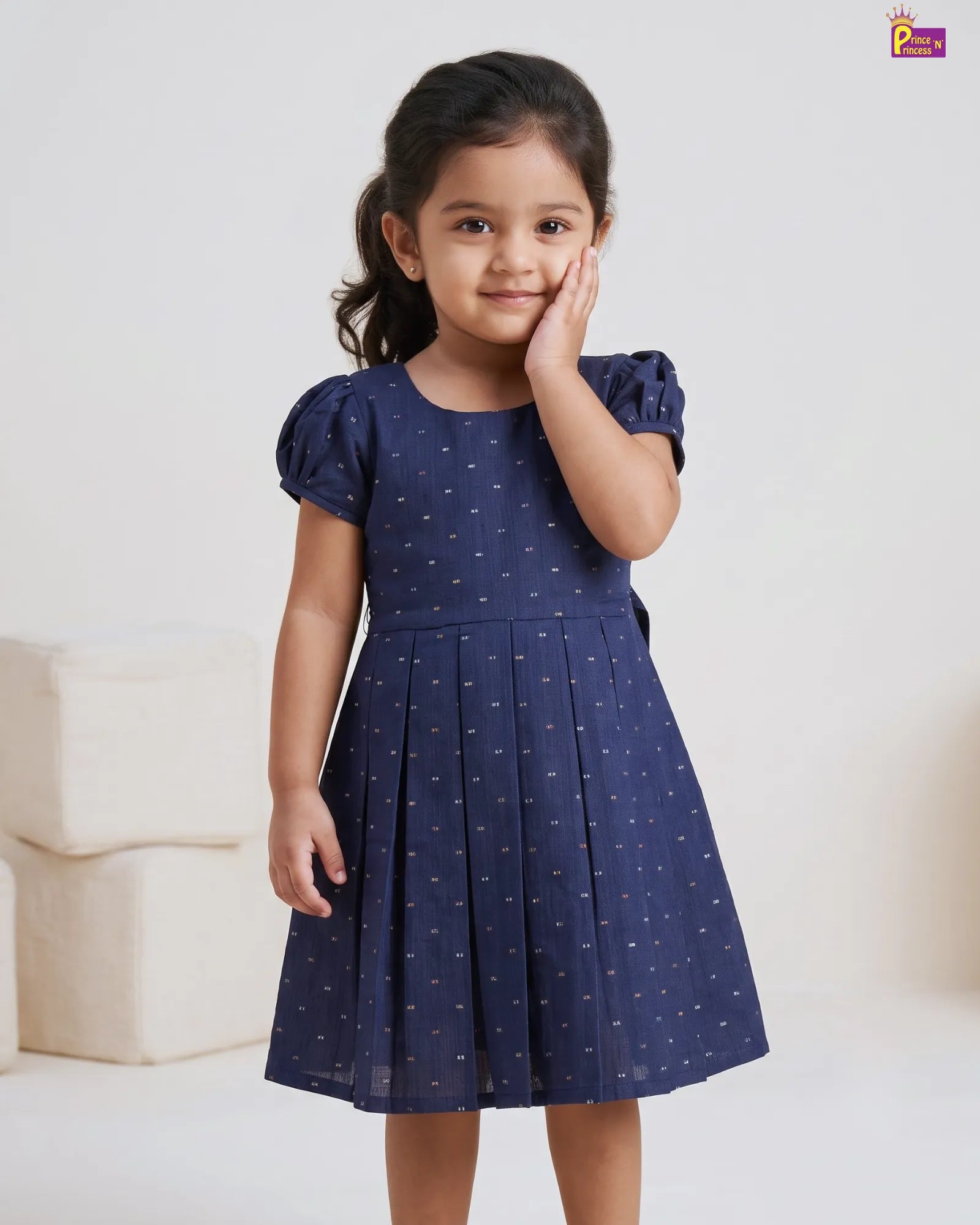 Navy Blue Dobby Cotton Frock for Girls | Multicolour Dot Puff Sleeve CF435