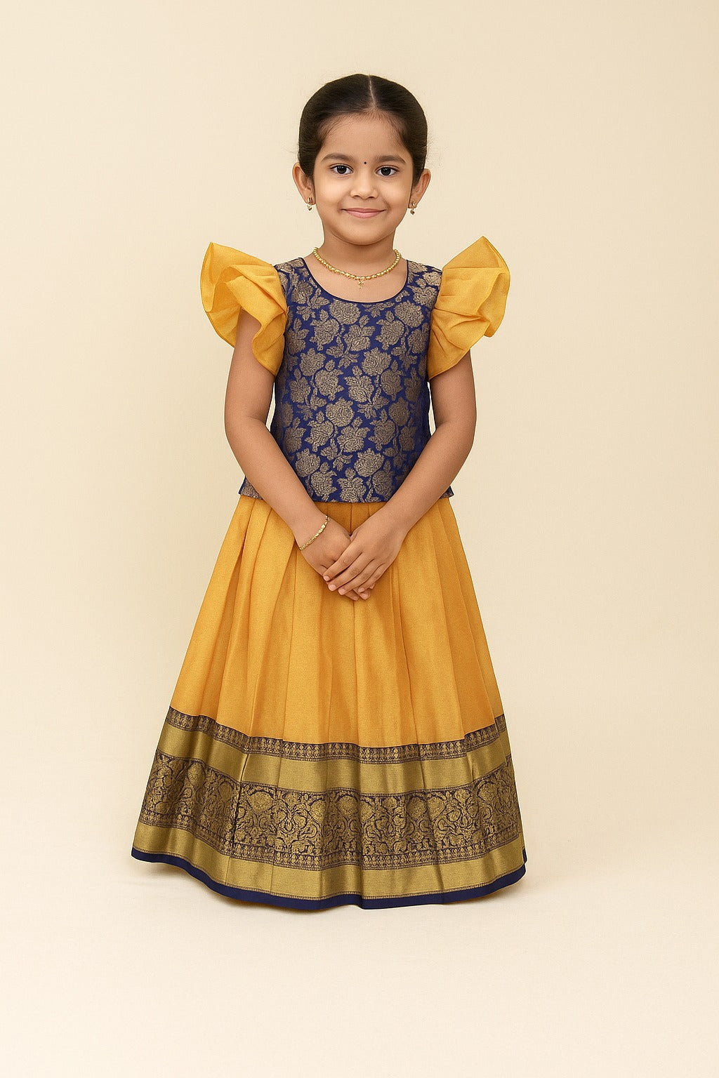 Kids Navy blue Golden Traditional Pattupavadai PPP1588